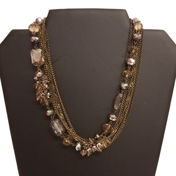 Vintage Jewelry - ANTIQUED BRASS LAYERED CHAIN NECKLACE WITH FACETED CHAMPAGNE GLASS BEADS